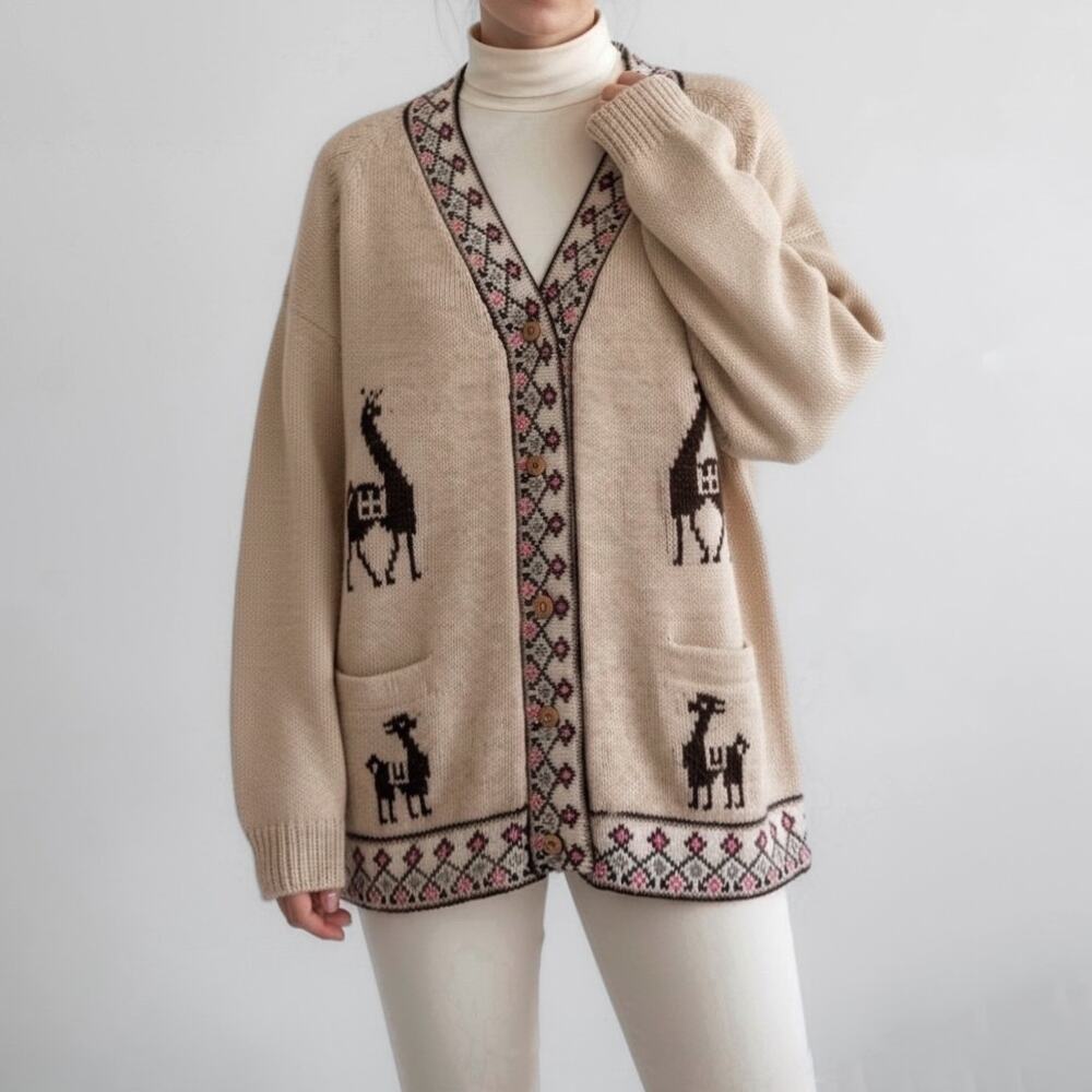 Peruvian Alpaca Wool Cardigan Sweater Beige Cabincore Rustic Southwestern Boho